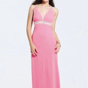 Faviana 6120 Pink Dress, Size 8 – Chic Fitted Gown with Asymmetrical Neckline